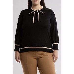 NEW! Womens Adrianna Papell Bow Tie Neck Sweater Top Black White Tan 1X